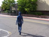 Blue zentai suit on the streets