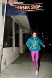 jogging in pink shiny leggings