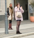 black sheer pantyhose and photo camera