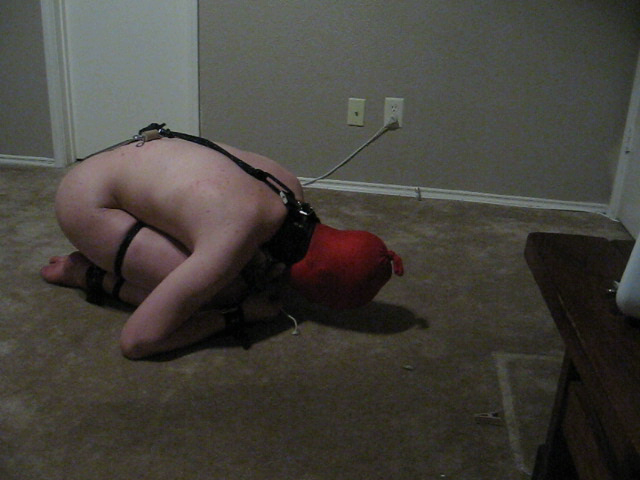 Self-bondage ball-tie with anal hook.