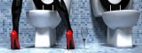 Less is more. Latex stockings, red heels, wine and toilet