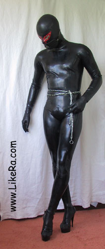latex catsuit chain hood high-heels